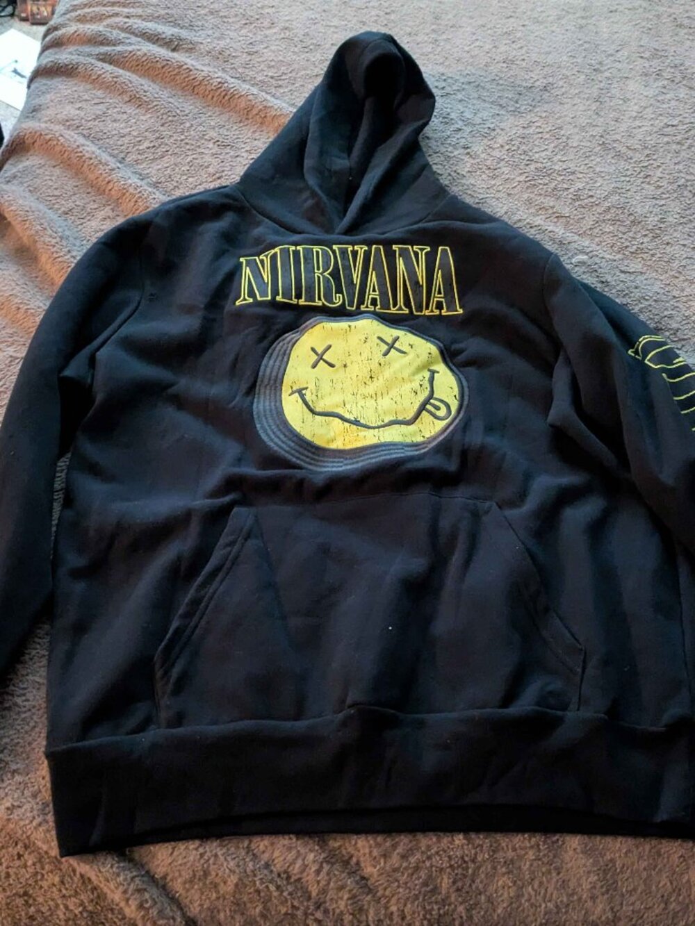 Nirvana Band Black Pullover Hoodie Embroided Yellow Smiley Face Graphic Size L